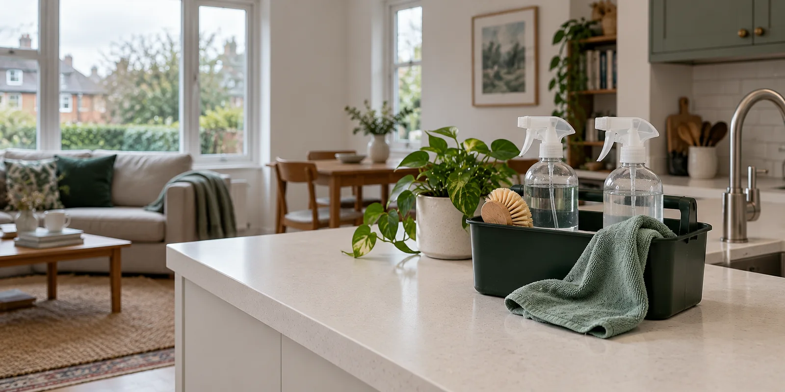 Eco-friendly cleaning kit in a bright clean home
